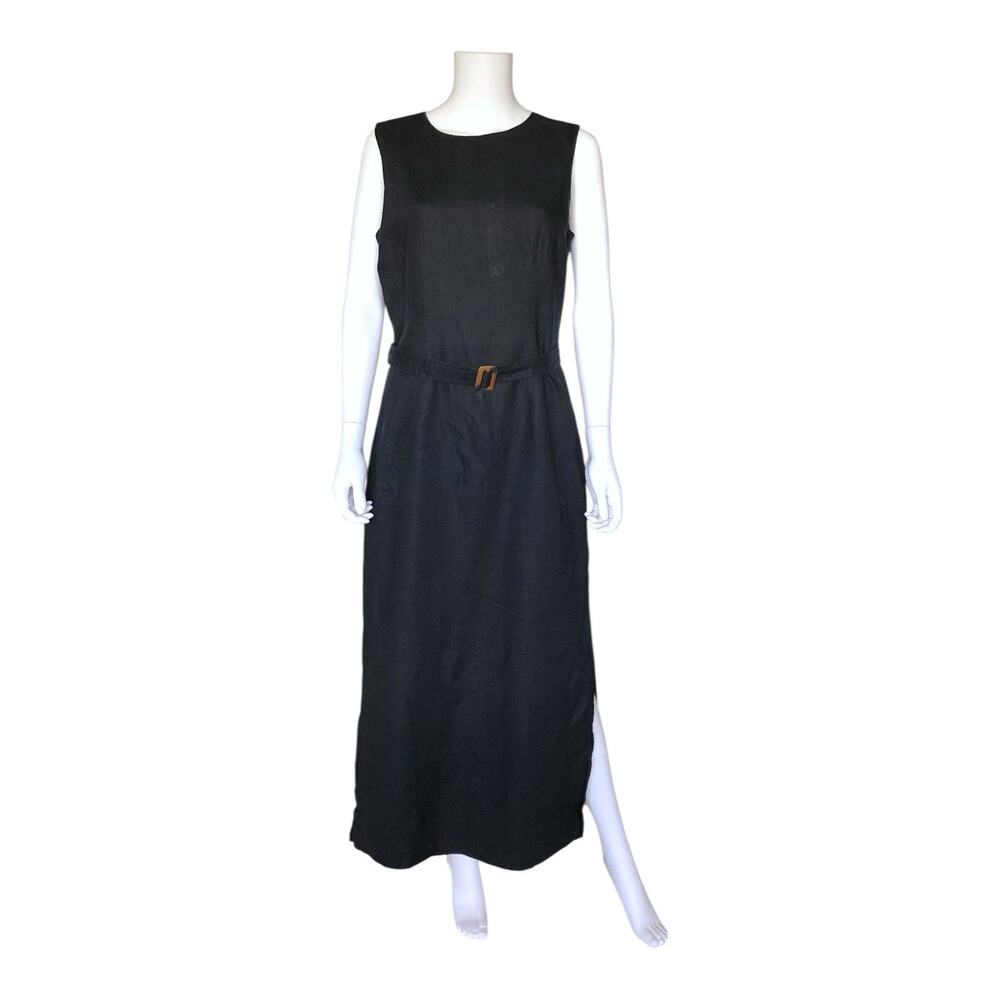 Vintage Merona Black Linen Maxi Dress Womens Large Belted Sleeveless Side Slits